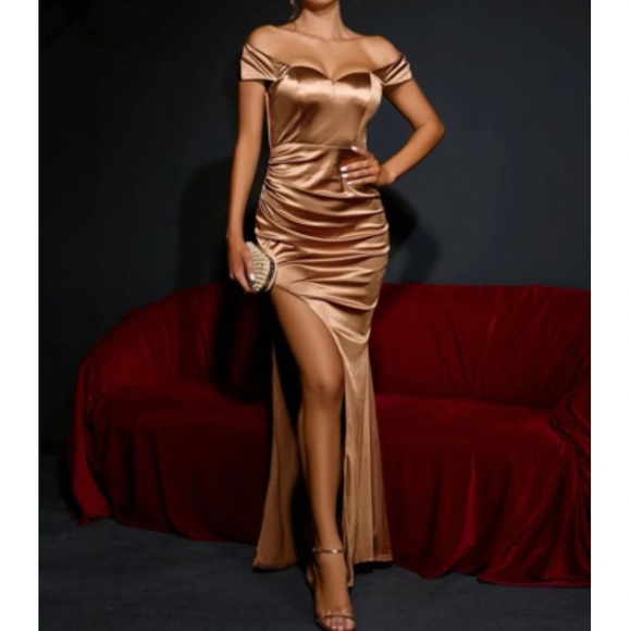 Luxe gold off shoulder satin formal party evening dress - Picture 1 of 6